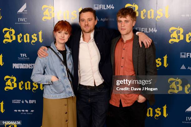 Jessie Buckley, director Michael Pearce and Johnny Flynn attend a special preview screening of 'Beast' at Ham Yard Hotel on April 16, 2018 in London,...