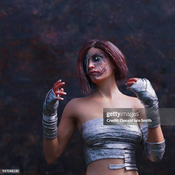 cyborg woman with injuries and scars patched up with rough stitching - makeshift fix stock pictures, royalty-free photos & images