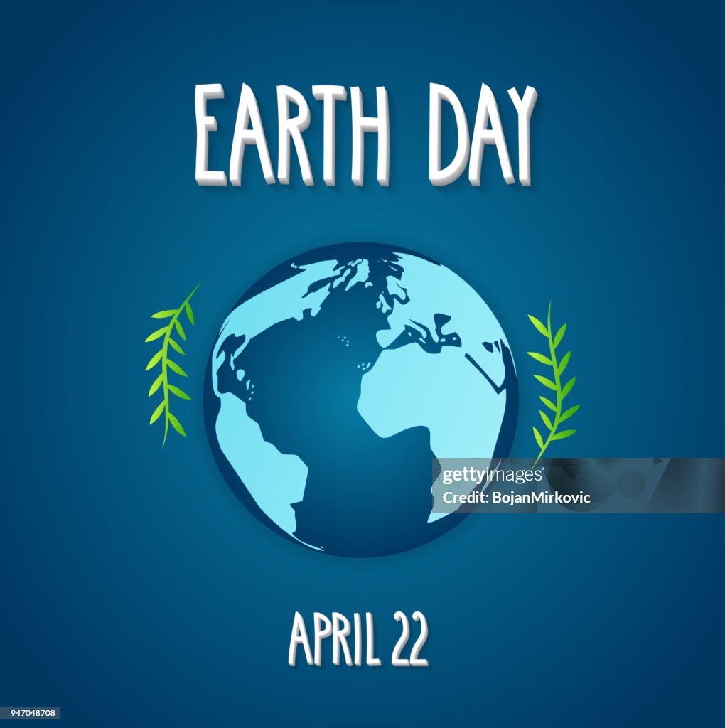 Earth Day card with earth. Blue background with hand lettering. Vector illustration.