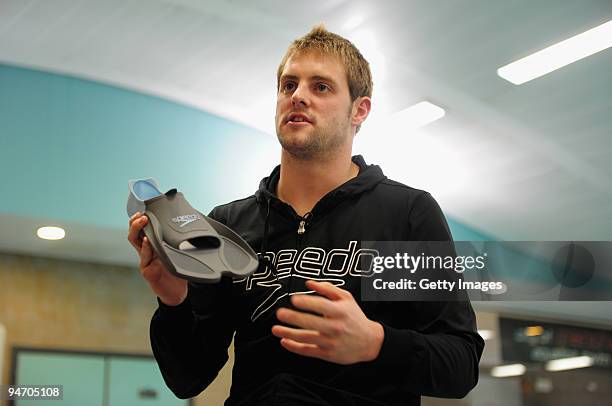 Liam Tancock takes part in a Speedo activity prior to the Duel in the Pool at The Manchester Aquatic Centre on December 17, 2009 in Manchester,...