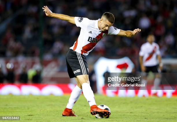 Rafael Santos Borre of River Plate kicks the ball during a match between River Plate and Rosario Central as part of Superliga 2017/18 at Estadio...
