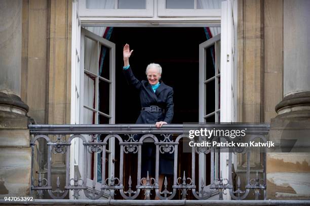 Queen Margrethe of Denmark at the balcony of Amalienborg palace on April 16, 2018 in Copenhagen, Denmark. The Queen of Denmark celebrates her 78th...
