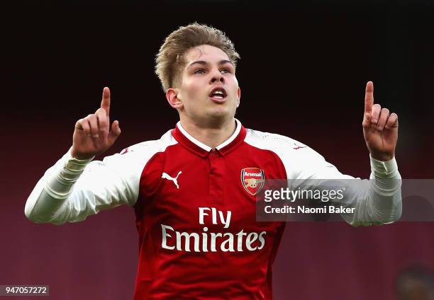Emile Smith Rowe of Arsenal celebrates after he scores his sides fourth goal from the penalty spot during the FA Youth Cup Semi Final 2nd Leg match...