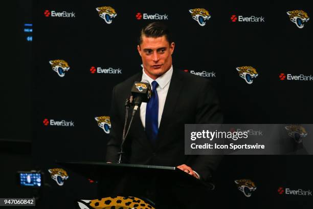 Jacksonville Jaguars linebacker Paul Posluszny speaks to the media during his retirement press conference on April 16, 2018 at EverBank Filed in...