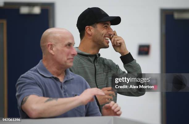 Daniel Ricciardo, driver for Red Bull Racing addresses the team at the Red Bull Racing factory on April 16, 2018 in Milton Keynes, England.