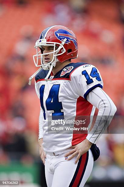 Quarterback Ryan Fitzpatrick of the Buffalo Bills warms up before a game against the Kansas City Chiefs at Arrowhead Stadium on December 13, 2009...