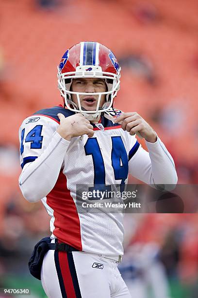 Quarterback Ryan Fitzpatrick of the Buffalo Bills warms up before a game against the Kansas City Chiefs at Arrowhead Stadium on December 13, 2009...