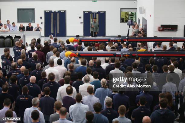 Daniel Ricciardo, driver for Red Bull Racing addresses the team at the Red Bull Racing factory on April 16, 2018 in Milton Keynes, England.