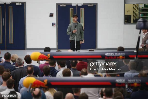 Daniel Ricciardo, driver for Red Bull Racing addresses the team at the Red Bull Racing factory on April 16, 2018 in Milton Keynes, England.