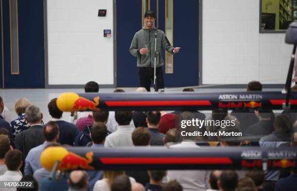 Daniel Ricciardo, driver for Red Bull Racing addresses the team at the Red Bull Racing factory on April 16, 2018 in Milton Keynes, England.