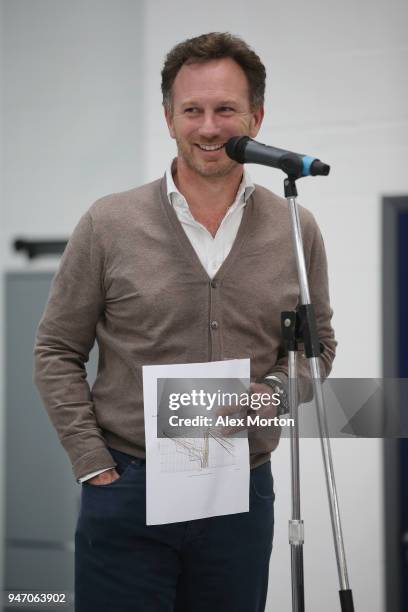 Red Bull Racing team principal Christian Horner adresses the team at the Red Bull Racing factory on April 16, 2018 in Milton Keynes, England.