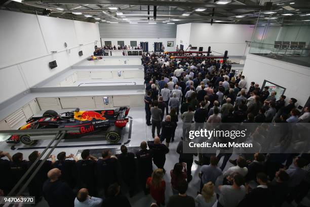 Red Bull Racing team principal Christian Horner adresses the team at the Red Bull Racing factory on April 16, 2018 in Milton Keynes, England.