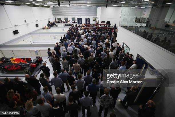 Red Bull Racing team principal Christian Horner adresses the team at the Red Bull Racing factory on April 16, 2018 in Milton Keynes, England.
