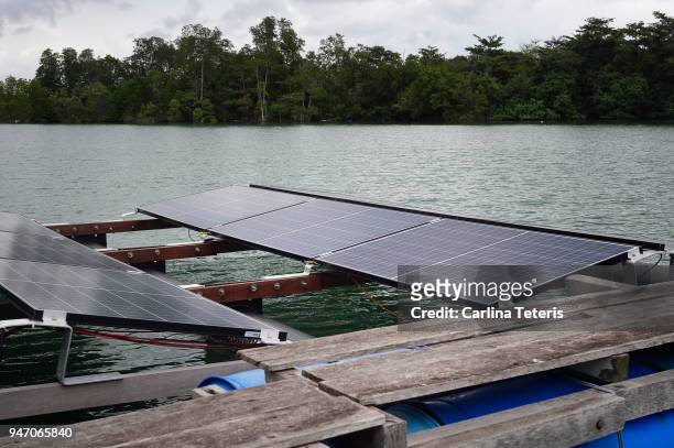 solar panels on a floating platform of a fish farm - sea pen stock pictures, royalty-free photos & images
