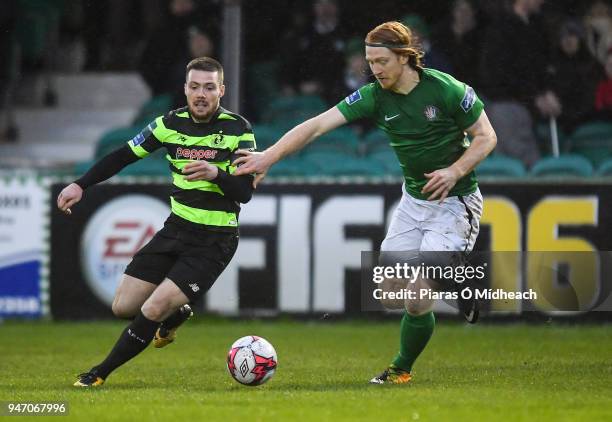 Bray , Ireland - 16 April 2018; Brandan Miele of Shamrock Rovers in action against Hugh Douglas of Bray Wanderers during the SSE Airtricity League...