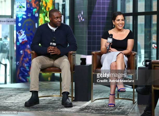 Actors Rob Brown and Audrey Esparza discuss the NBC drama Blindspot at Build Studio on April 16, 2018 in New York City.