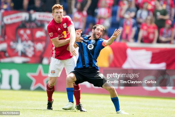 Tim Parker of New York Red Bulls and Ignacio Piatti of Montreal Impact challenge for the ball during the New York Red Bulls Vs Montreal Impact MLS...