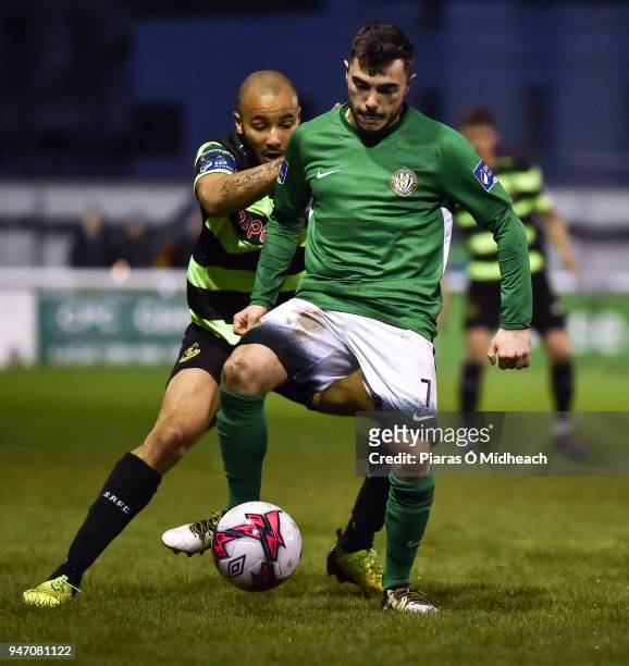Bray , Ireland - 16 April 2018; Corey Galvin of Bray Wanderers in action against Ethan Boyle of Shamrock Rovers during the SSE Airtricity League...