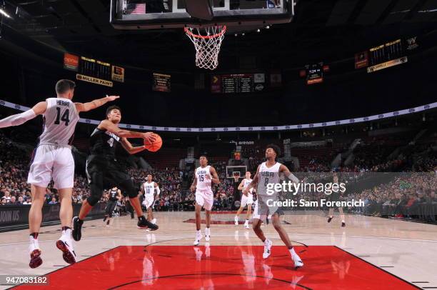 Josh Green of Team World drives to the basket against Team USA during the Nike Hoop Summit on April 13, 2018 at the MODA Center Arena in Portland,...