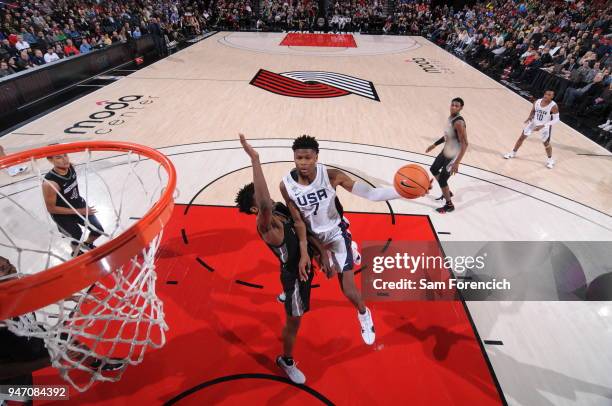 Cameron Reddish of Team USA drives to the basket against Team World during the Nike Hoop Summit on April 13, 2018 at the MODA Center Arena in...
