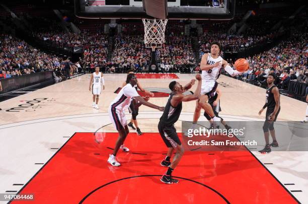 Quentin Grimes of Team USA drives to the basket against Team World during the Nike Hoop Summit on April 13, 2018 at the MODA Center Arena in...
