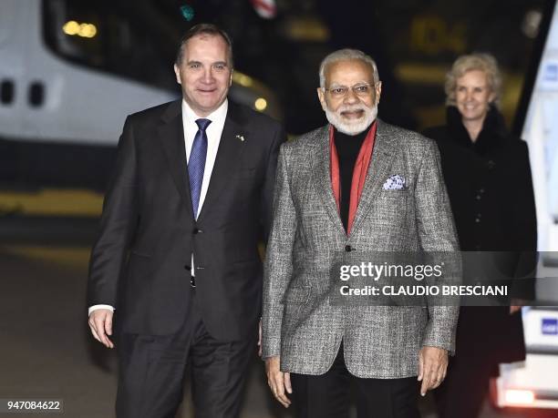 Indias Prime Minister Narendra Modi is greeted by Swedish Prime Minister Stefan Lofven upon his arrival at Arlanda Airport in Stockholm, Sweden, on...