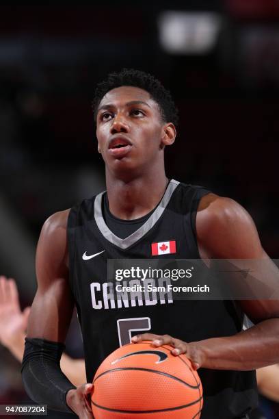 Barrett of Team World shoots a foul shot against Team USA during the Nike Hoop Summit on April 13, 2018 at the MODA Center Arena in Portland, Oregon....