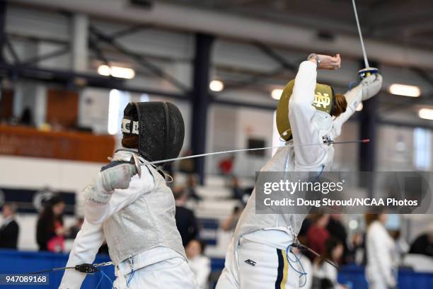 MacKenzie Lawrence of Harvard University and Sabrina Massialas of Notre Dame compete in the foil competition during the Division I Women's Fencing...