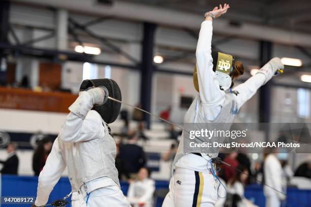 MacKenzie Lawrence of Harvard University and Sabrina Massialas of Notre Dame compete in the foil competition during the Division I Women's Fencing...