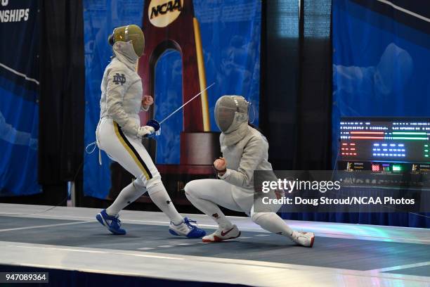 Maia Chamberlain of Princeton University celebrates after a point against Francesca Russo of the University of Notre Dame in the sabre competition...