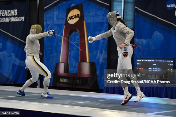 Francesca Russo of the University of Notre Dame takes on Maia Chamberlain of Princeton University in the foil competition during the Division I...