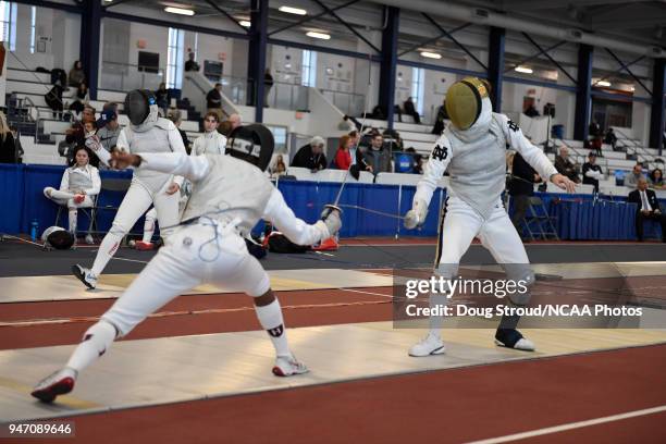 MacKenzie Lawrence of Harvard University and Sabrina Massialas of Notre Dame compete in the foil competition during the Division I Women's Fencing...