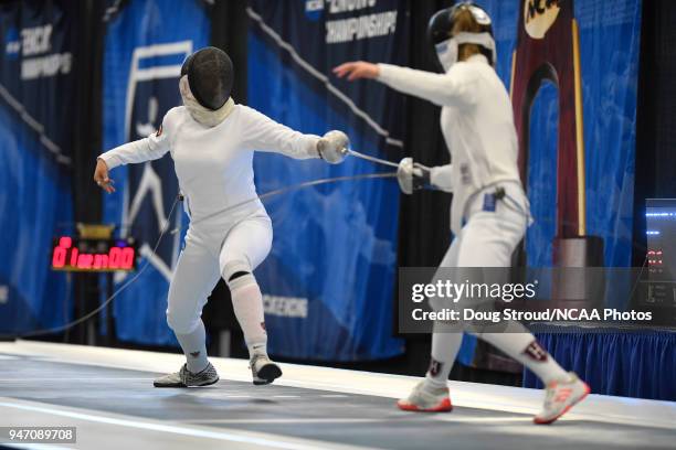 Cindy Gao of Harvard University and Catherine Nixon of Princeton compete in the epée competition during the Division I Women's Fencing Championship...