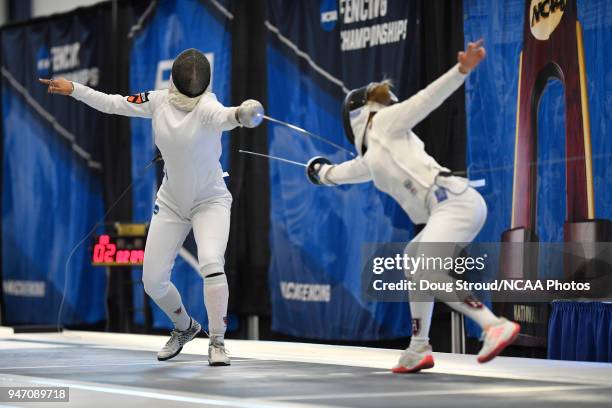 Cindy Gao of Harvard University and Catherine Nixon of Princeton compete in the epée competition during the Division I Women's Fencing Championship...
