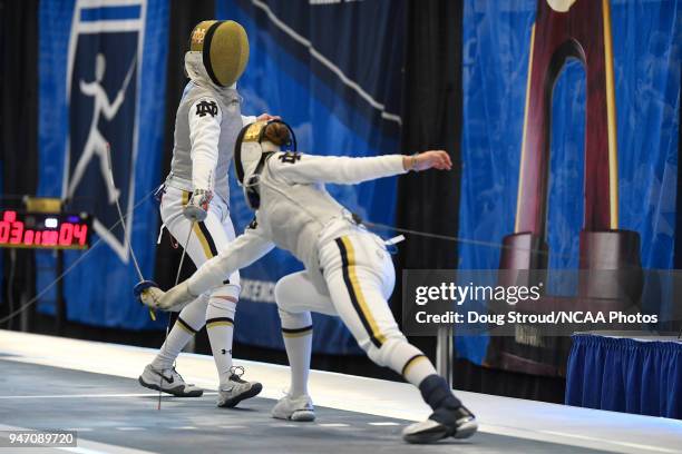 Elyssa Kleiner of the University of Notre Dame takes on Sabrina Massialas of the University of Notre Dame in the foil competition during the Division...