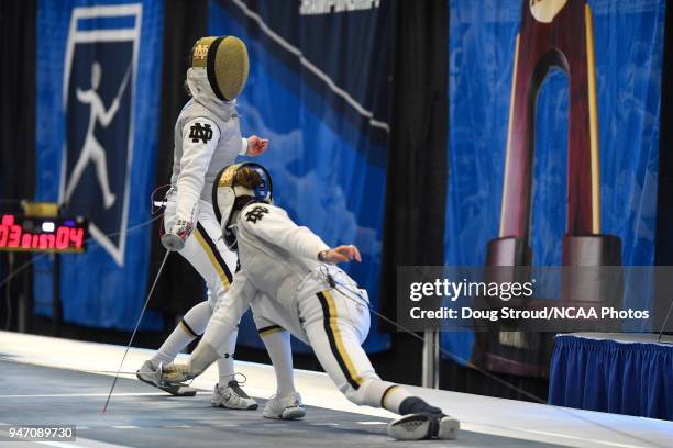 Elyssa Kleiner of the University of Notre Dame takes on Sabrina Massialas of the University of Notre Dame in the foil competition during the Division...