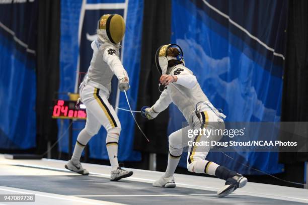 Elyssa Kleiner of the University of Notre Dame takes on Sabrina Massialas of the University of Notre Dame in the foil competition during the Division...