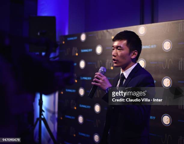 Internazionale Milano board member Steven Zhang Kangyang speaks during the unveiling of FC Internazionale 'Innovative Passion' Concept At Milan...