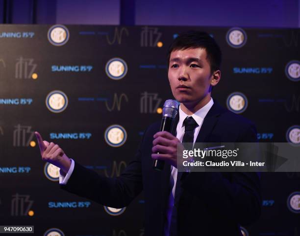 Internazionale Milano board member Steven Zhang Kangyang speaks during the unveiling of FC Internazionale 'Innovative Passion' Concept At Milan...
