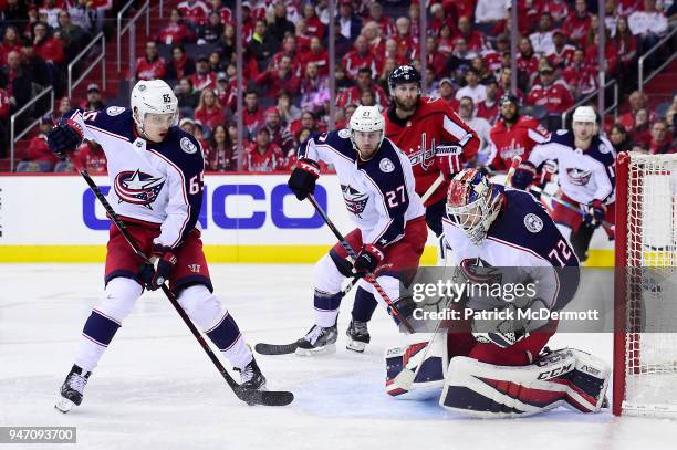 Sergei Bobrovsky of the Columbus Blue Jackets makes a save against the Washington Capitals in the third period in Game Two of the Eastern Conference...