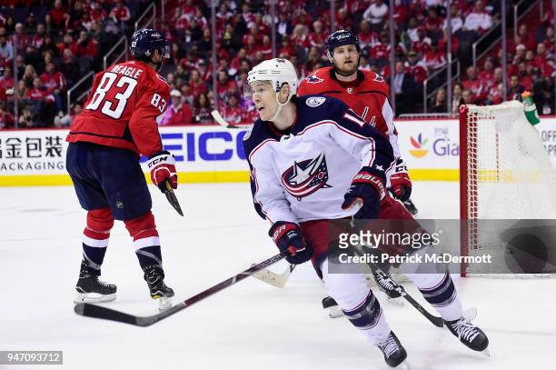 Matt Calvert of the Columbus Blue Jackets celebrates after scoring the game-winning goal in overtime against the Washington Capitals in Game Two of...