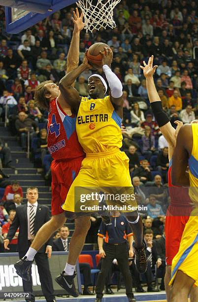 Doron Perkins, #8 of Maccabi Electra Tel Aviv competes with Zoran Planinic, #34 of CSKA Moscow during the Euroleague Basketball Regular Season...