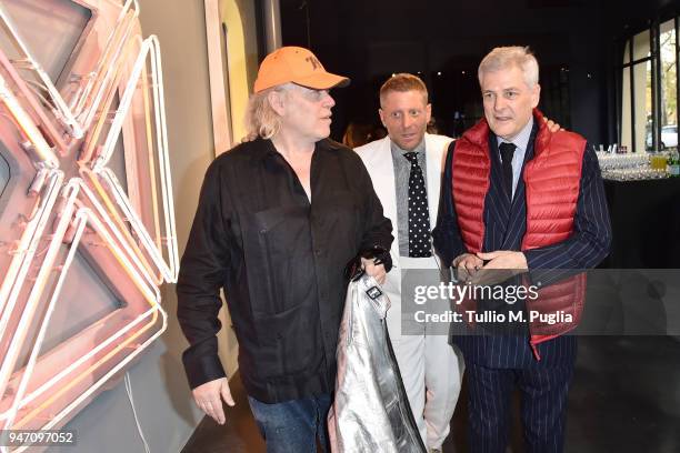 Blair Thurman, Lapo Elkann and Alain Elkann attend Blair Thurman Nella Acqua Azzurra Opening an event by Garage Italia e Gagosian on April 16, 2018...