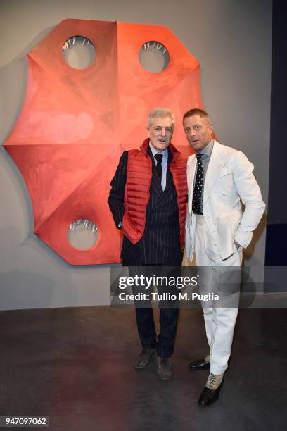 Alain Elkann and Lapo Elkann attend Blair Thurman Nella Acqua Azzurra Opening an event by Garage Italia e Gagosian on April 16, 2018 in Milan, Italy.