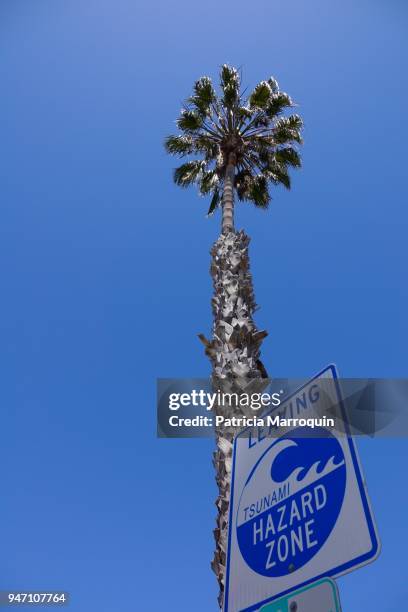 “leaving tsunami hazard zone” sign - hazard sign stock pictures, royalty-free photos & images