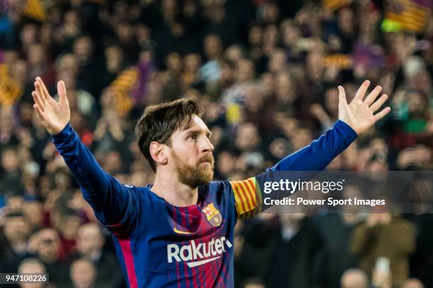 Lionel Andres Messi of FC Barcelona celebrates during the UEFA Champions League 2017-18 Round of 16 match between FC Barcelona and Chelsea FC at Camp...