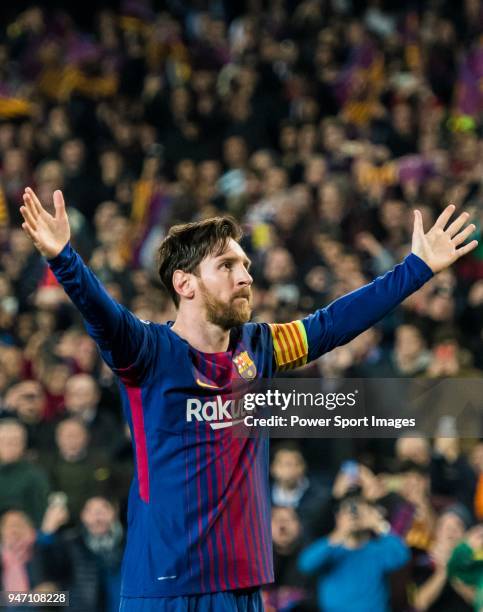 Lionel Andres Messi of FC Barcelona celebrates during the UEFA Champions League 2017-18 Round of 16 match between FC Barcelona and Chelsea FC at Camp...