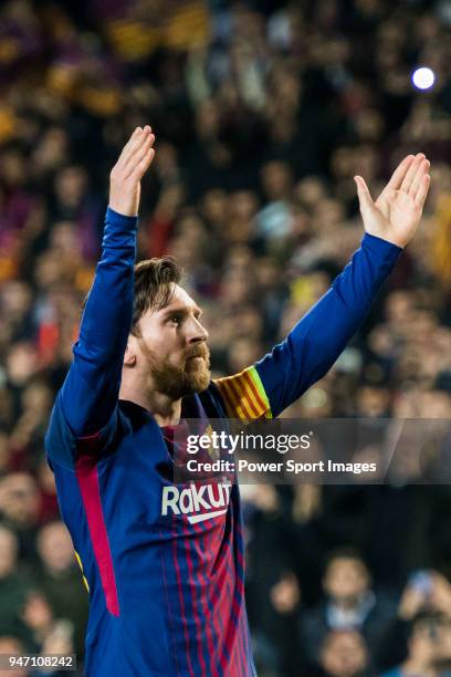 Lionel Andres Messi of FC Barcelona celebrates during the UEFA Champions League 2017-18 Round of 16 match between FC Barcelona and Chelsea FC at Camp...