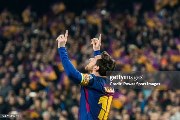 Lionel Andres Messi of FC Barcelona celebrates during the UEFA Champions League 2017-18 Round of 16 match between FC Barcelona and Chelsea FC at Camp...