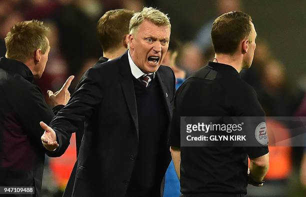 West Ham United's Scottish manager David Moyes complains to the linesman after the team's second goal was disallowed during the English Premier...